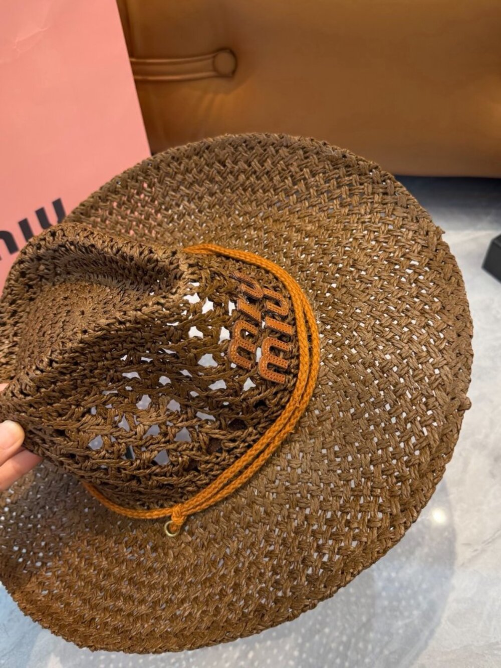🤎Miu Miu Brown Woven Straw Cowboy Hat Tassel Chin Strap Logo Western Summer Sun - Picture 7 of 8